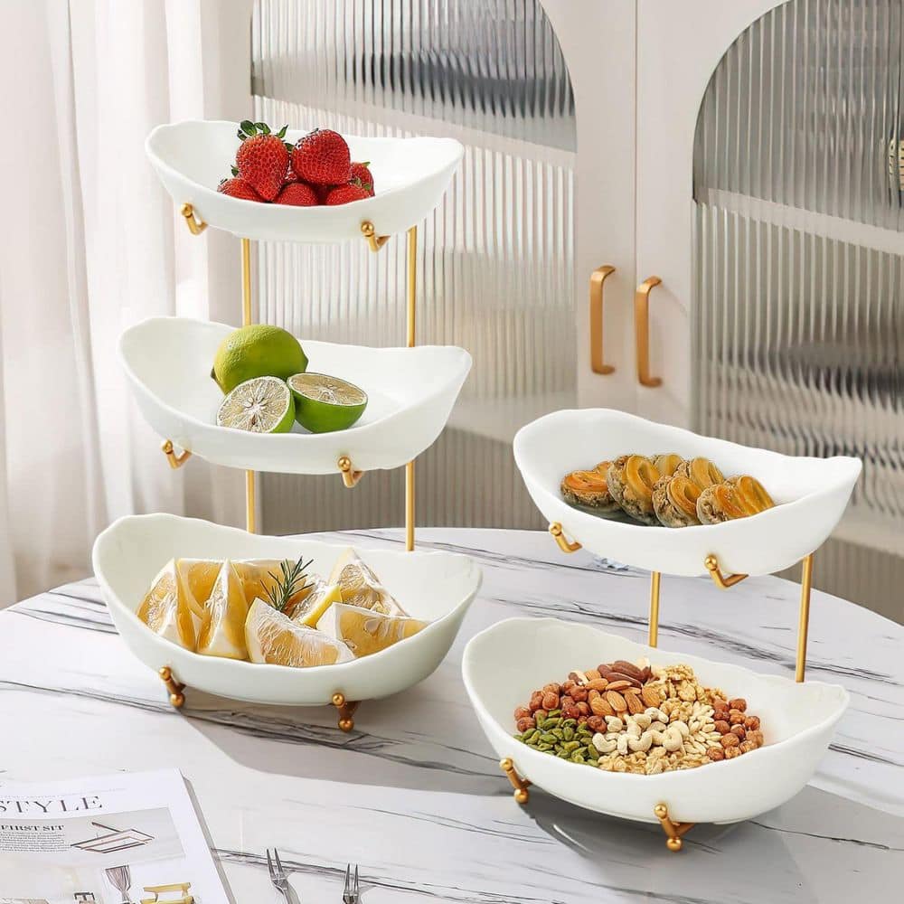 3-Tier White Ceramic Fruit Bowl with Metal Gold Stand, Fruit Basket for Kitchen Counter - Hercitys