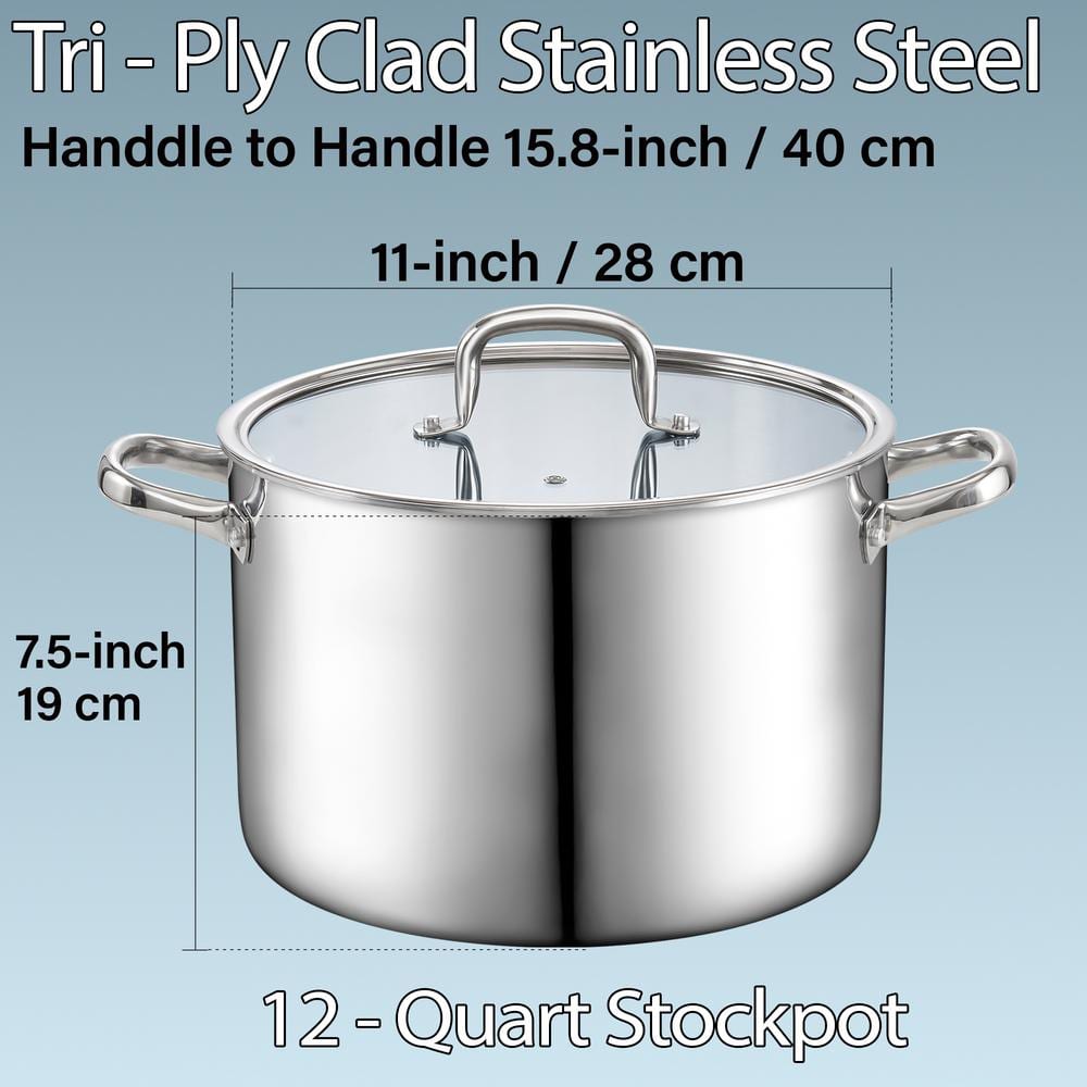 12 qt. Tri-Ply Clad Stainless Steel Stockpot with Lid, Induction Cooking pot, Silver - Hercitys