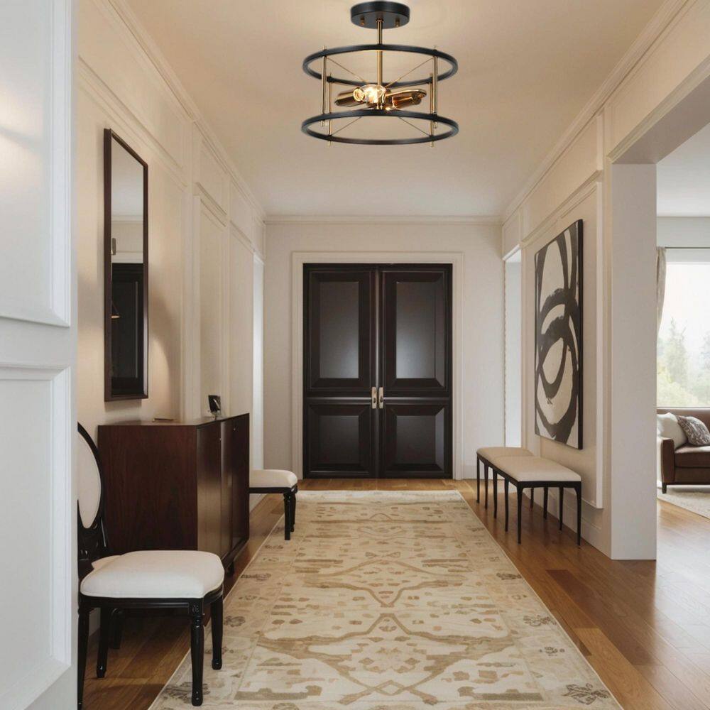 12 in. 2-Light Black Modern Semi-Flush Mount, Brass-Plated Ceiling Light, Farmhouse Open Cage Light Fixture - Hercitys