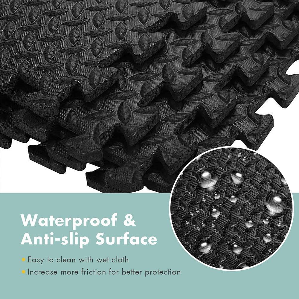 12PCS Black 25 in. X 25 in. Exercise Play Mat w/EVA Foam Interlocking Tiles 52 sq.ft. - Hercitys