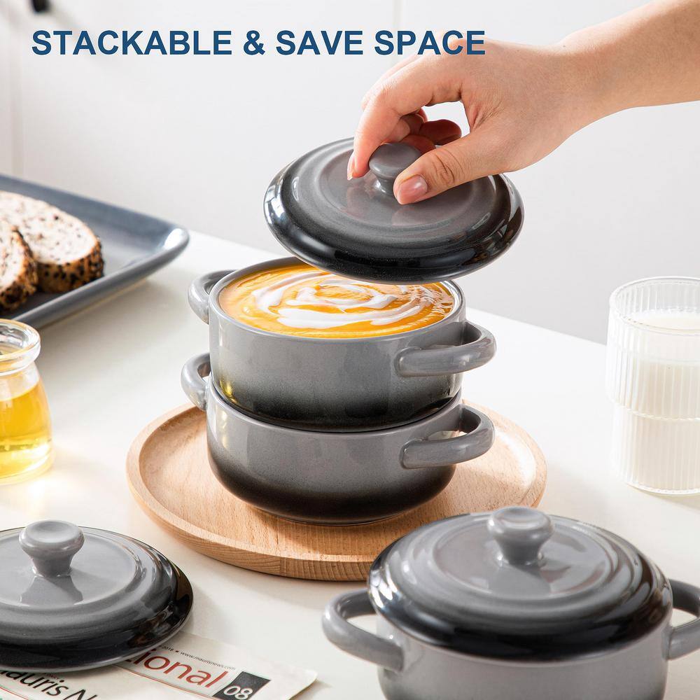 4-Piece Round Ceramic Soup Bowls with Handles, Mini Baking Ramekins, Oven and Microwave Safe Casserole Set, Black Gray - Hercitys