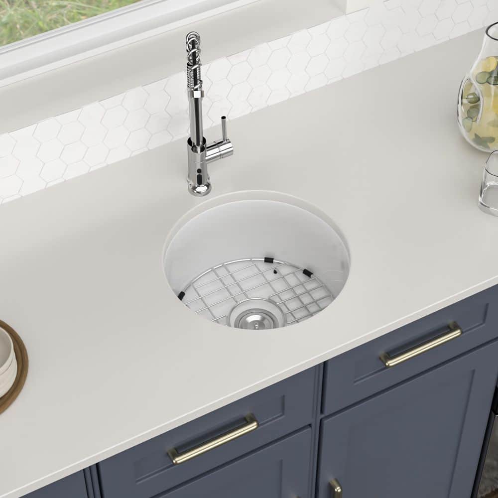 18 in. White Fireclay Round Single Bowl Undermount Drop-in Bar Sink with Grid and Drain - Hercitys
