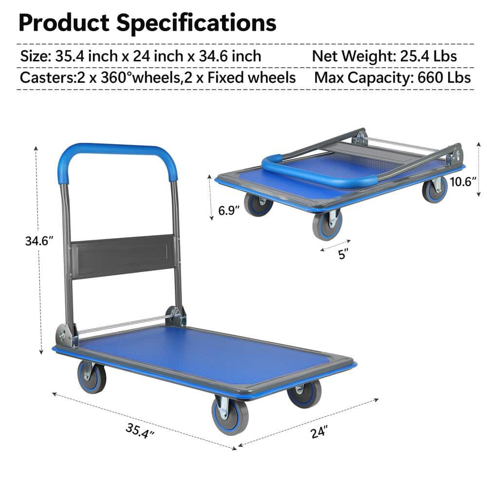 17 cu. ft. Metal Garden Cart 660 lbs. Capacity 4-Wheel Blue Steel Folding Hand Truck - Hercitys