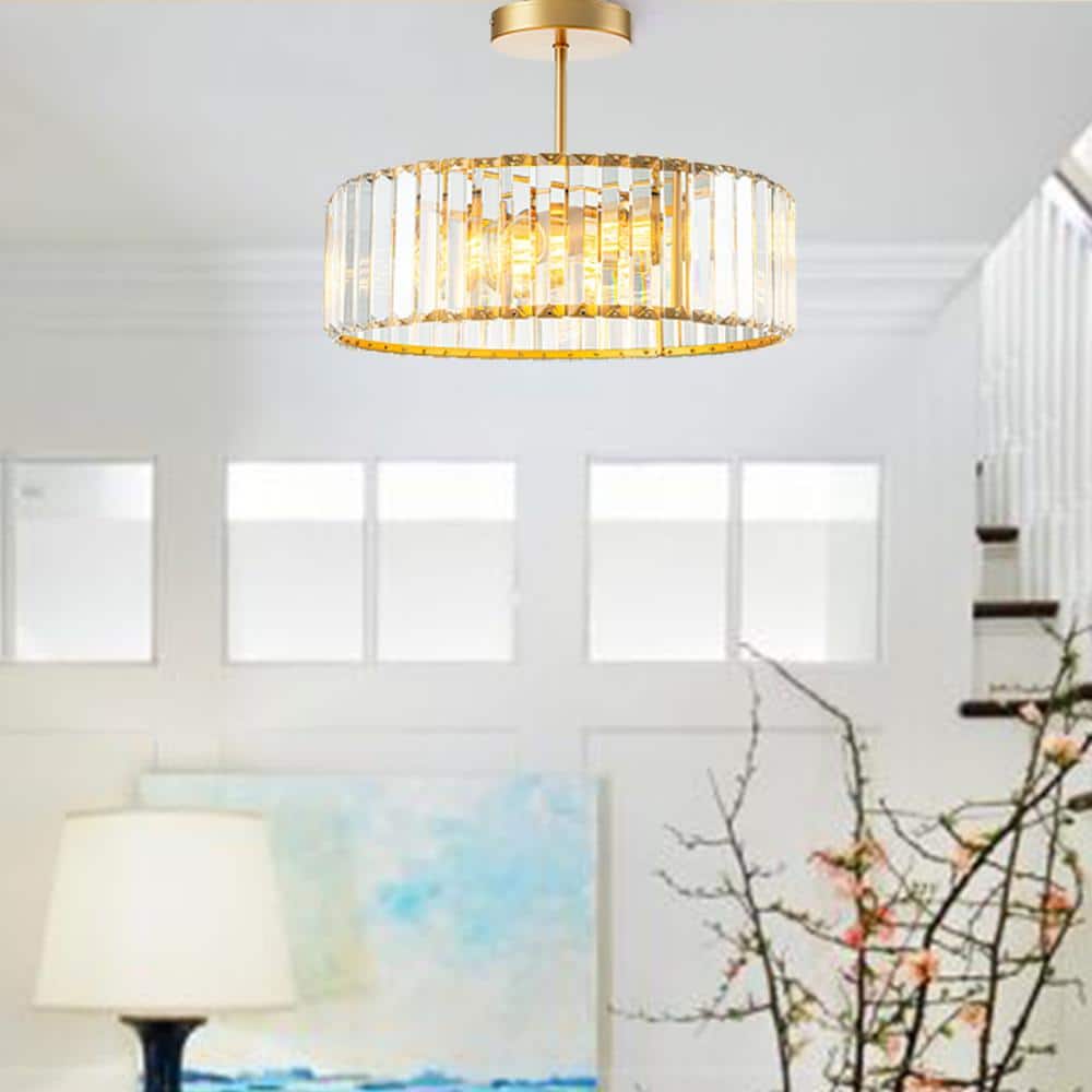 15 in. 3-Light Gold Crystal Semi Flush Mount Ceiling Light with Clear Glass Shade for Living Room No Bulbs Included - Hercitys