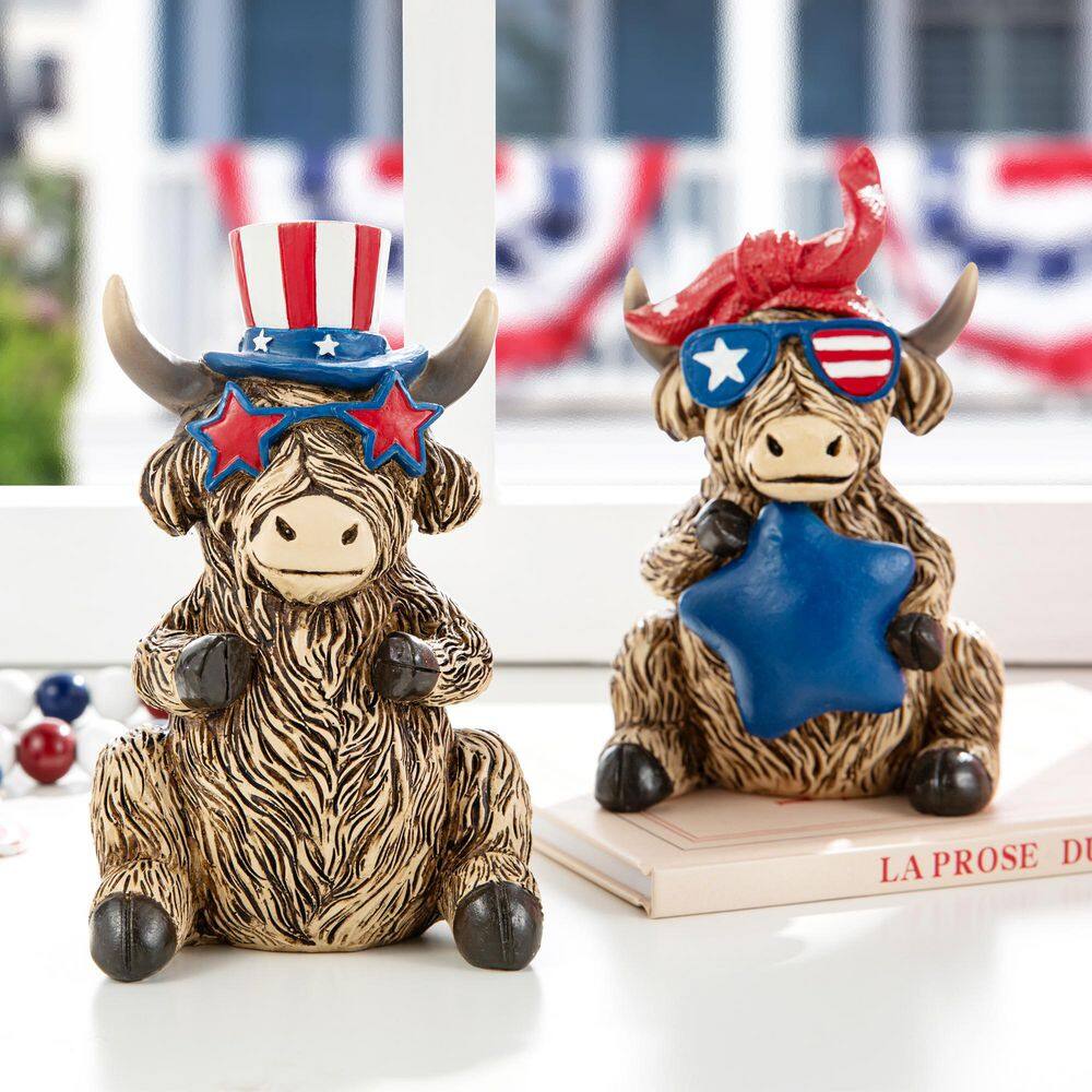 5.5 in. H Patriotic/ Americana Resin Highland Cow Table Decor (Set of 2) - Hercitys