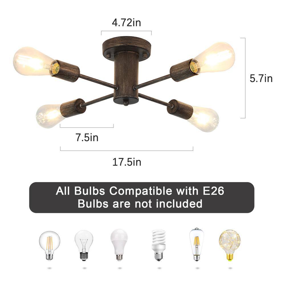 17.5 in. 4-Light Imitation Wood Grain Sputnik Transitional Flush Mount Ceiling Lights - Hercitys