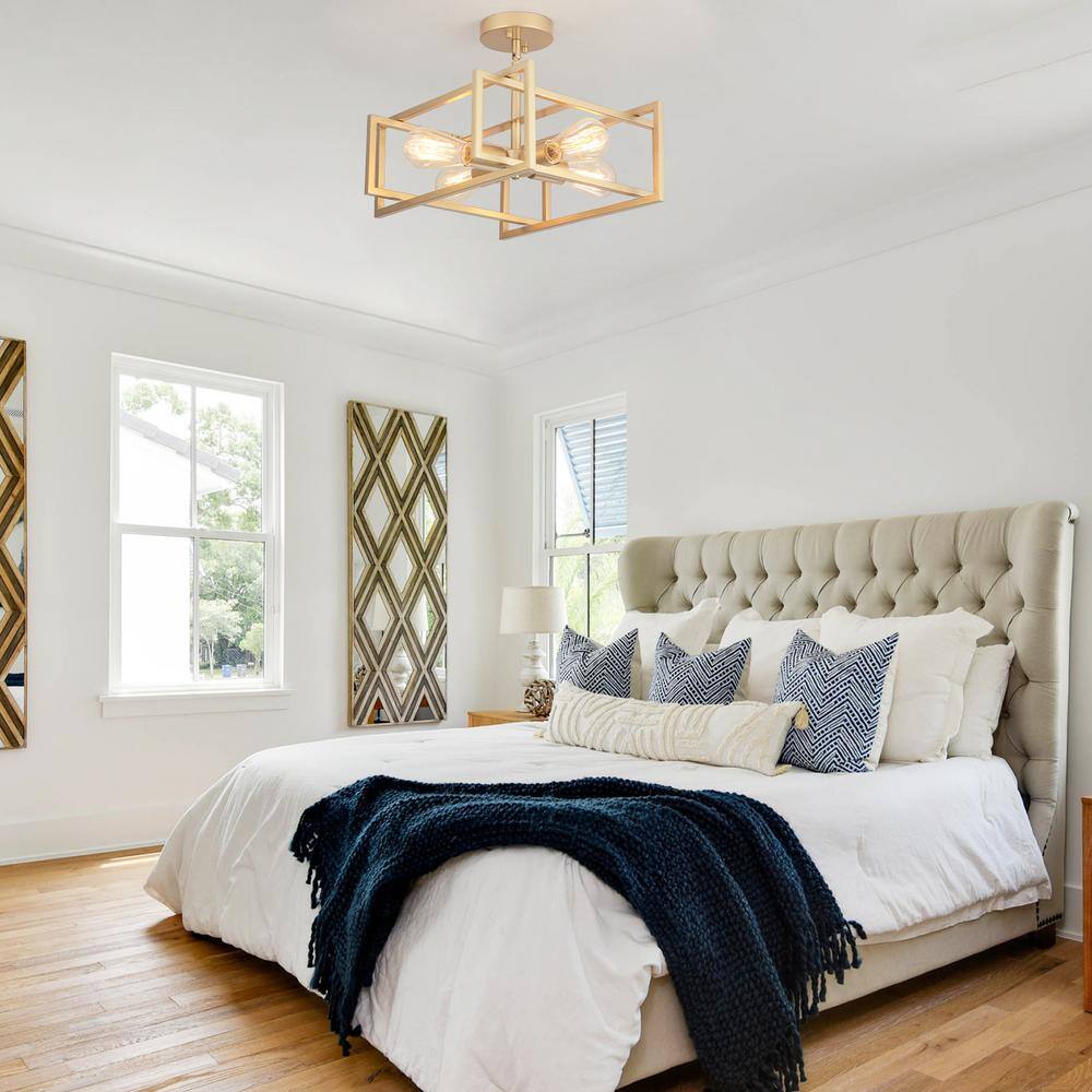 14.96 in. 4-Light Gold Farmhouse Square Frame Semi-Flush Mount Ceiling Light Fixture with Metal Shade - Hercitys
