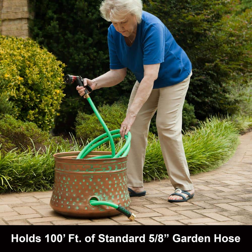 100 ft. Patina Steel Hammered Hose Pot Garden Hose Reel - Hercitys