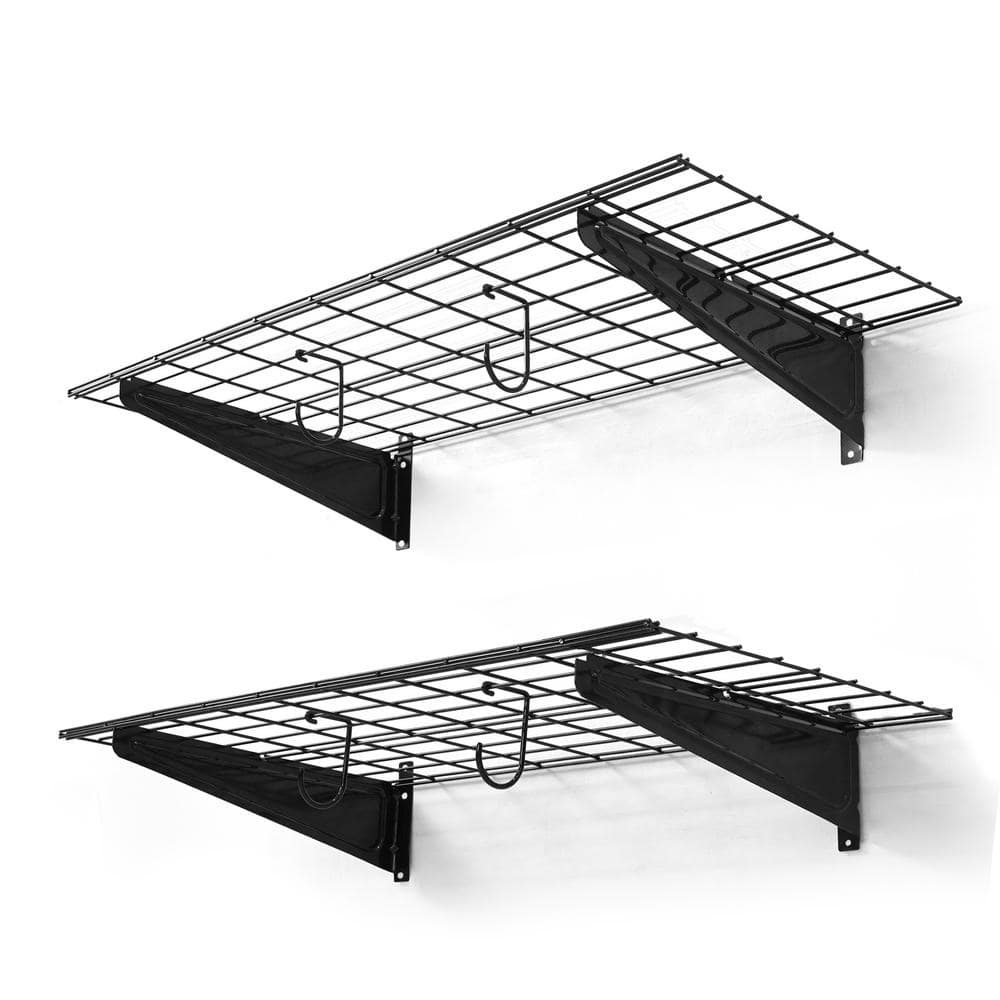36 in. W x 18 in. D Black Metal Garage Wall Shelf, Wall Mounted Garage Shelves with 2 Bike Hooks, (Pack of 2) - Hercitys