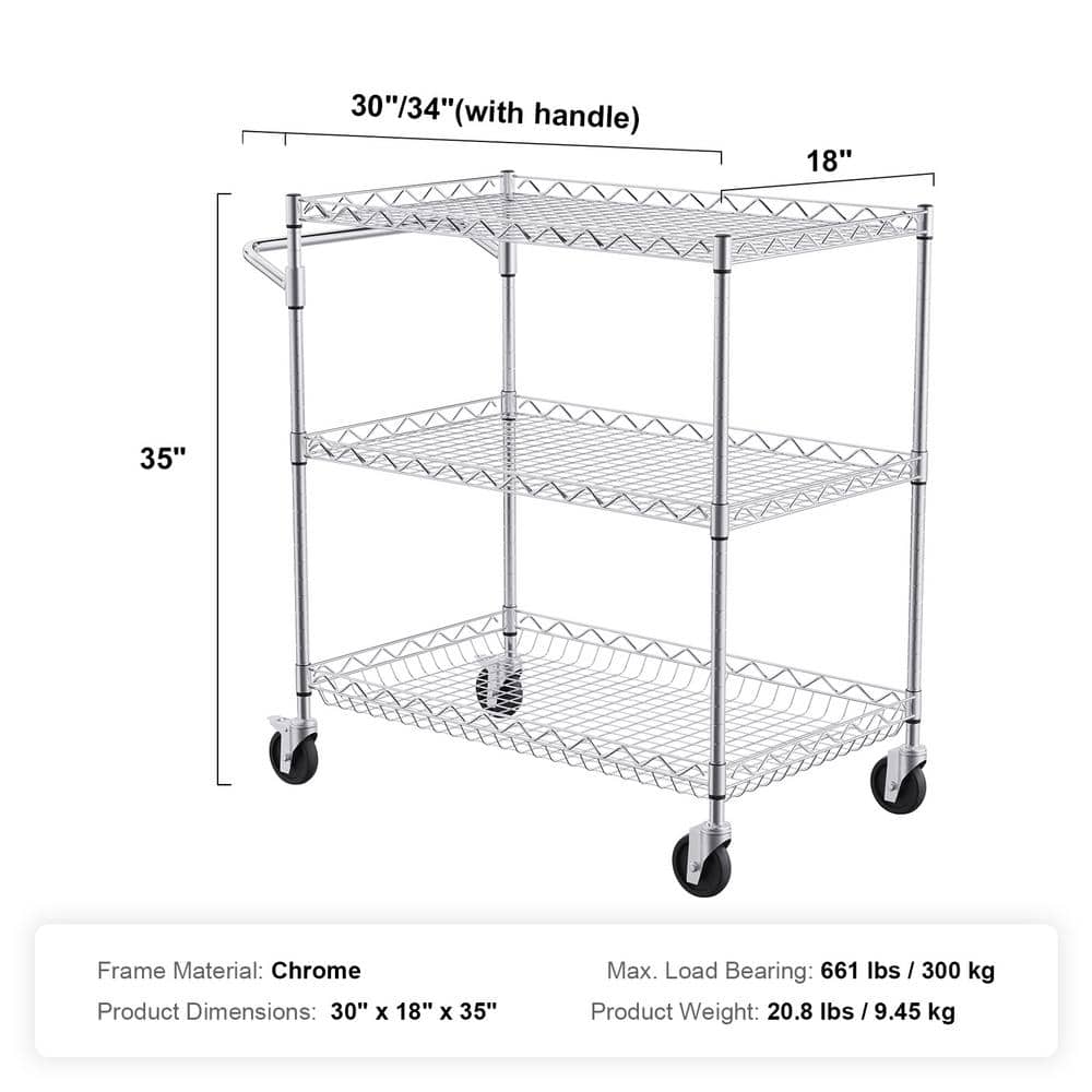 3-Tier Kitchen Cart, 661 lbs. Capacity, Steel Service Trolley with 3.15 in. Deep Basket, Curved Handle and 6-Hooks - Hercitys