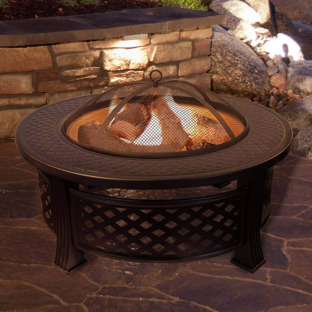 32 in. Steel Round Fire Pit with Spark Screen and Log Poker - Hercitys