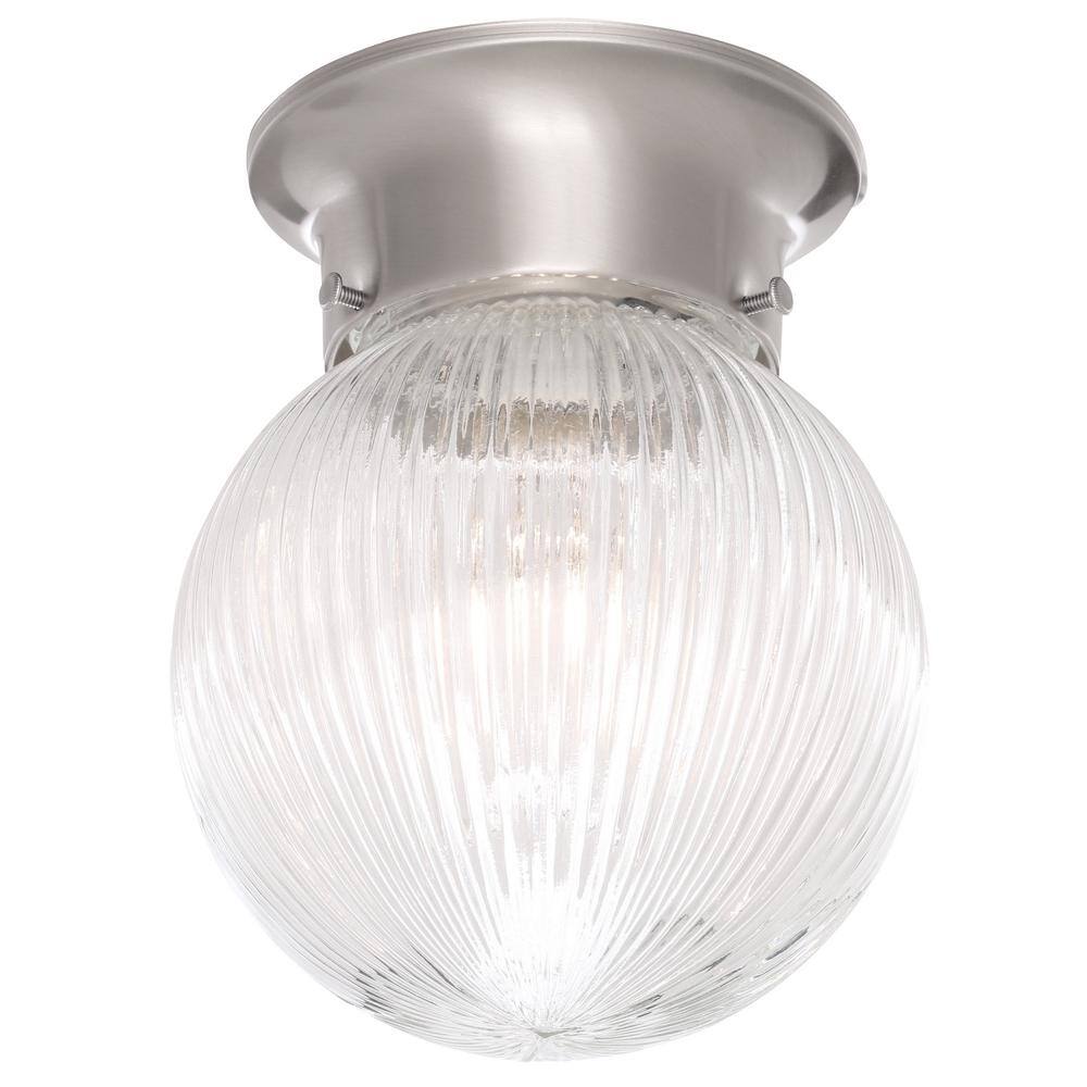 1-Light Brushed Nickel Flushmount with Clear Ribbed Glass Globe - Hercitys