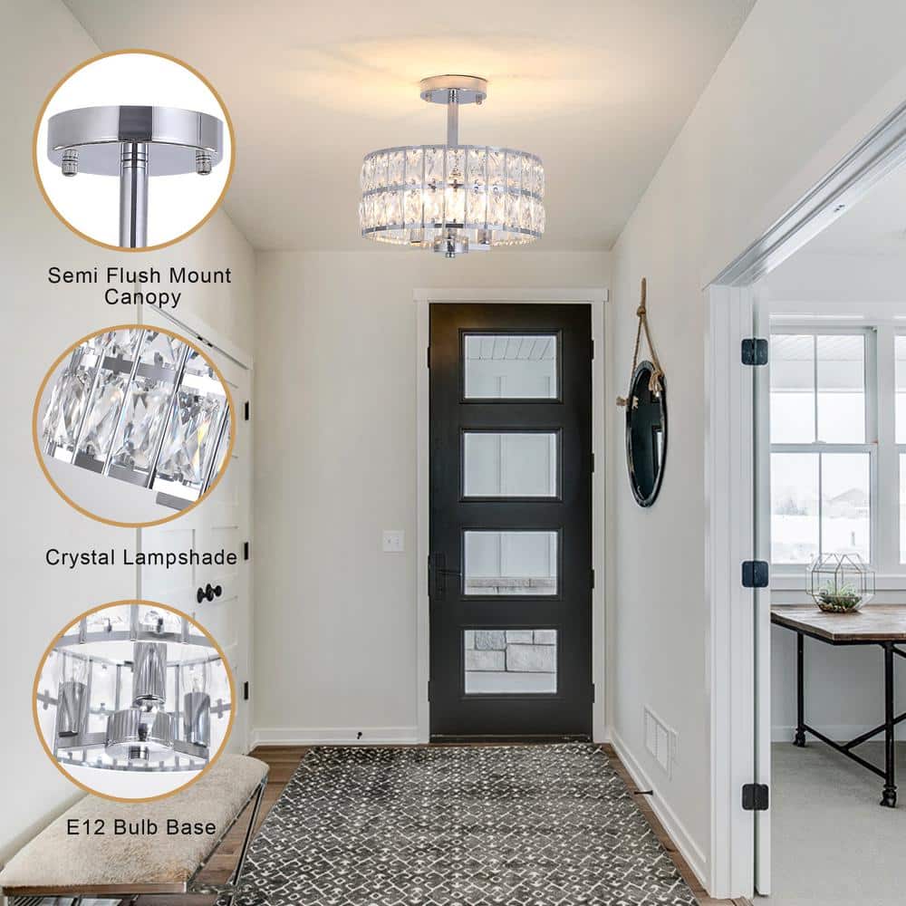 12.59 in. 3-Light Chrome Round Drum Semi-Flush Mount Ceiling Light with Clear Crystal and No Bulbs Included - Hercitys