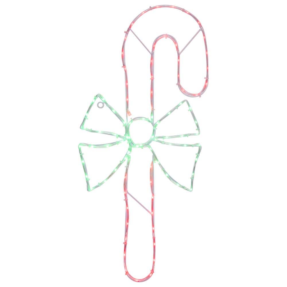 28 in. Green and White LED Lighted Candy Cane with Bow Christmas Window Silhouette - Hercitys