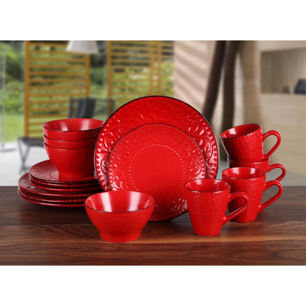 16-Piece Stoneware Scroll Dinnerware Set-Red - Hercitys