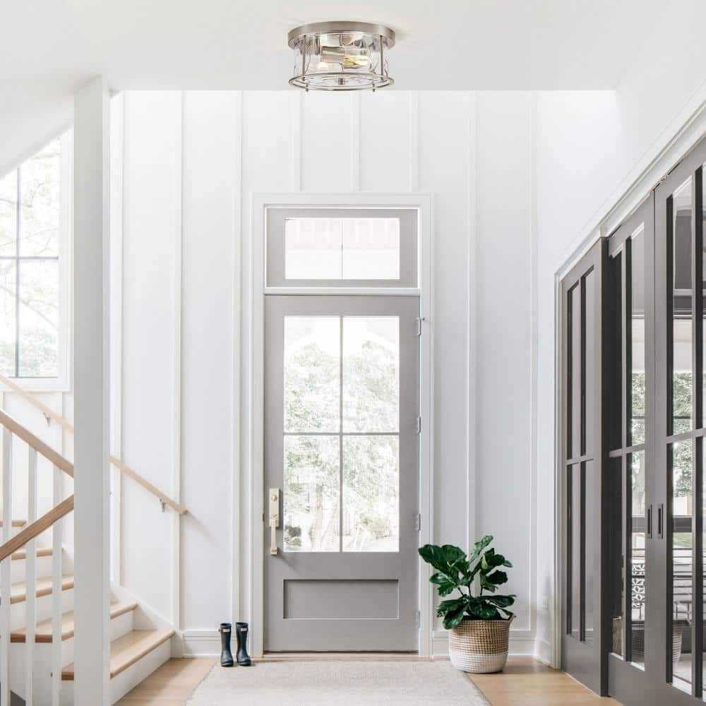 12.5 in. 2-Light Nickel Flush Mount Water Ripple Glass Ceiling Light with Metal Frame - Hercitys