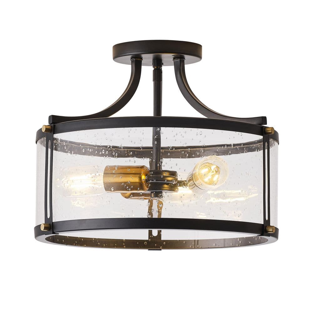 15.7 in. 3-Light Industrial Black Semi-Flush Mount Ceiling Light with Seeded Glass Shade - Hercitys