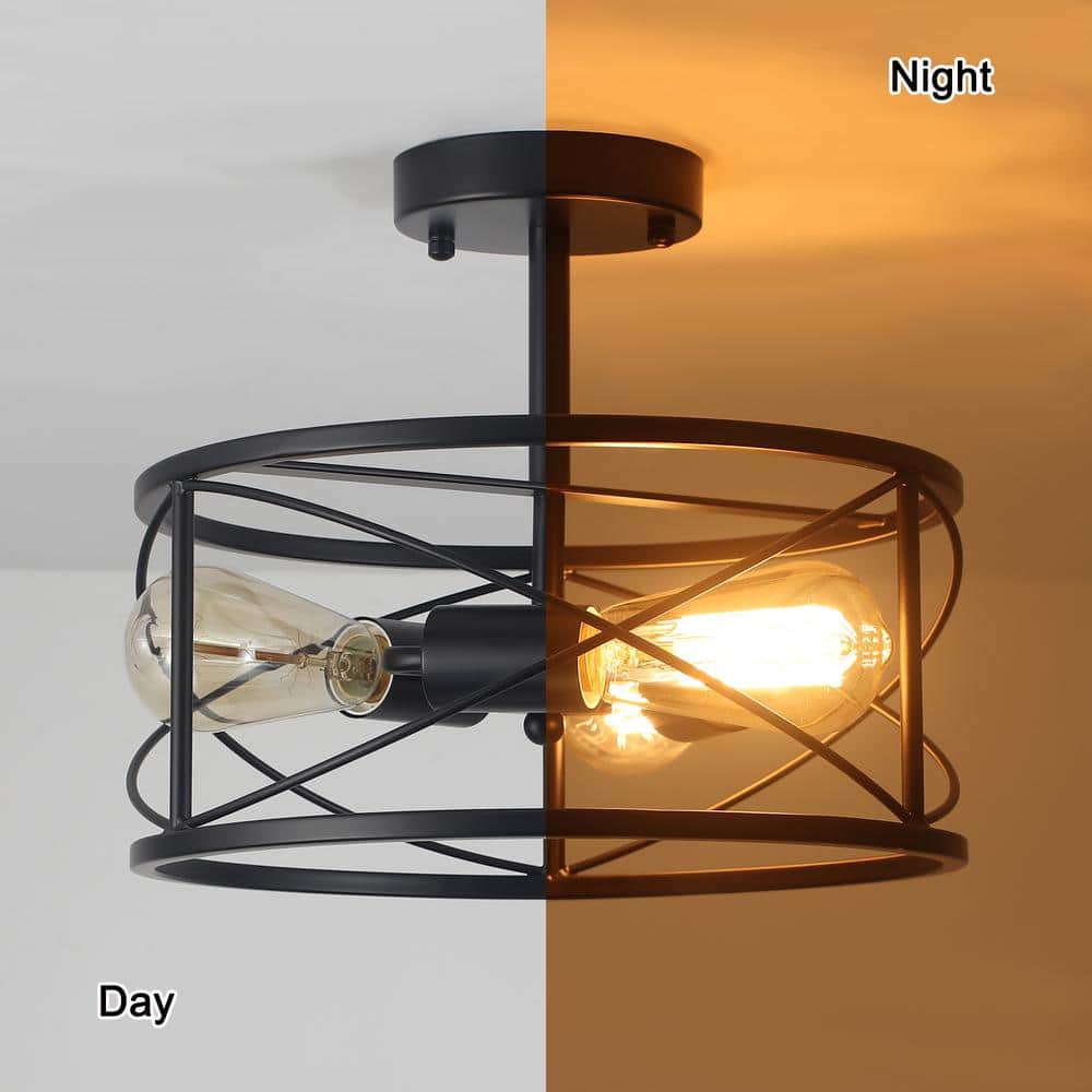 12.6 in. 3-Light Black Semi Flush Mount Ceiling Light Fixture with Metal Cage and No Bulbs Included - Hercitys