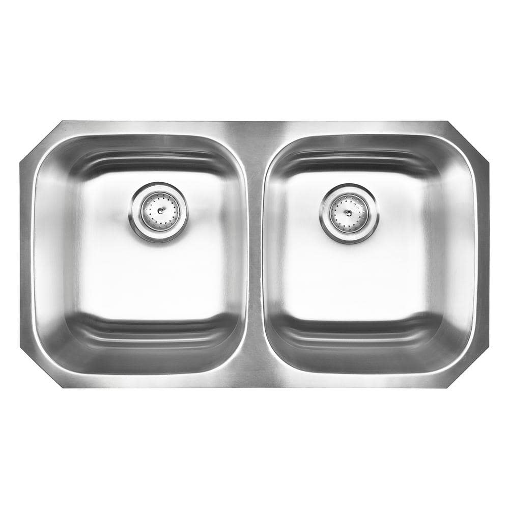 32 in. Undermount 50/50 Double Bowl Satin 18 Gauge Stainless Steel Kitchen Sink with Strainer - Hercitys