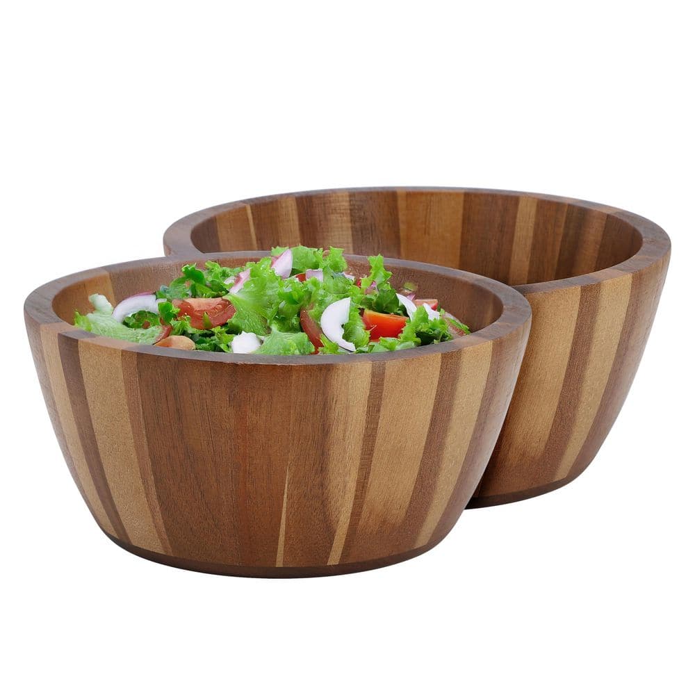 2 Piece 8.5 Inch 96 fl. oz. Light Brown Acacia Wood Salad Serving Bowl Set - Hercitys