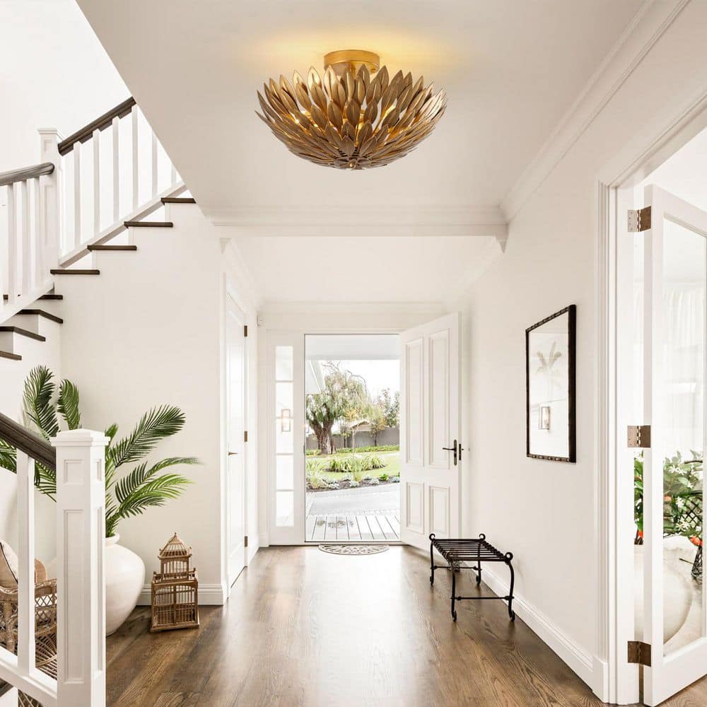 15.75 in. 3-Light Antique Gold Semi-Flush Mount Ceiling Light with Layers of Leaves Shade - Hercitys