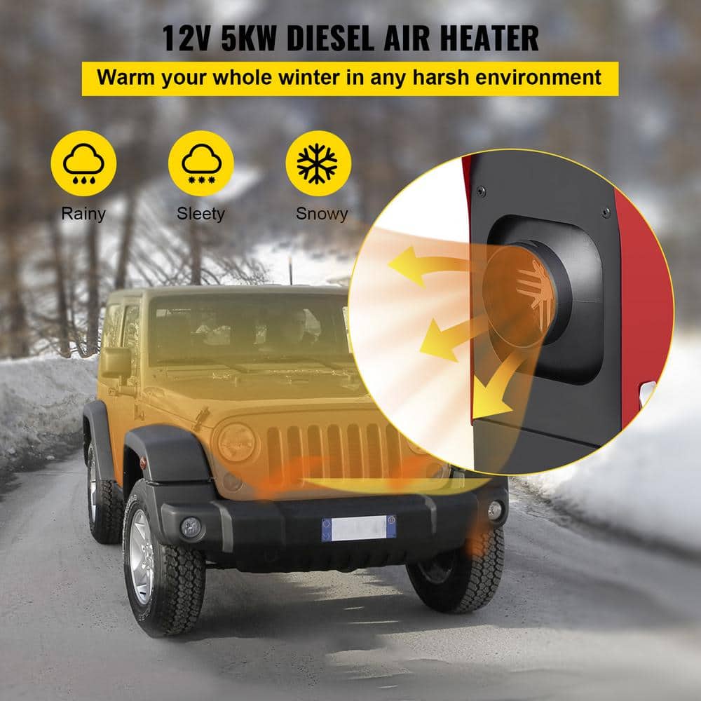 5-KW Diesel Air Heater All in 1, 12-Volt Diesel Parking Heater Silencer 5000-Watt Diesel Heater Remote Control, LCD - Hercitys