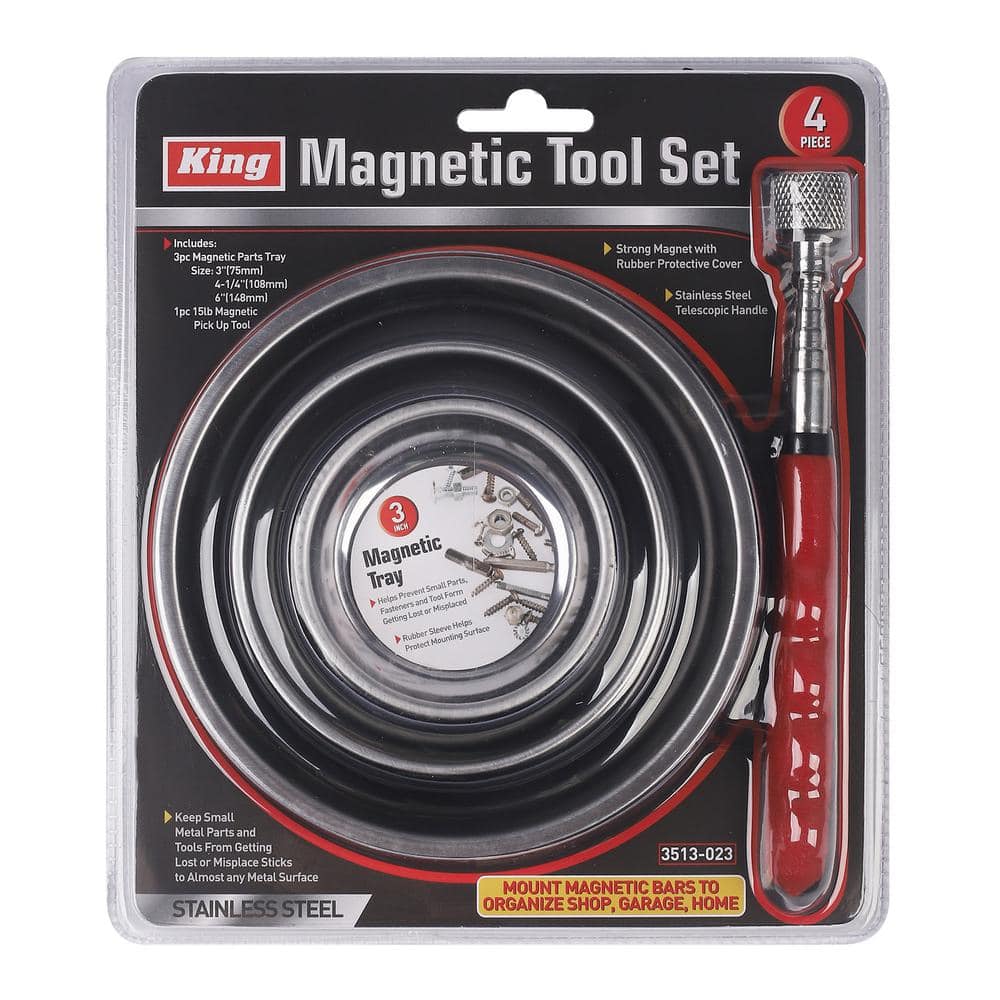 4-Piece Magnetic Tool Tray Set-3 Round Magnetic Tool Trays and Magnetic Pick-Up Tool - Hercitys