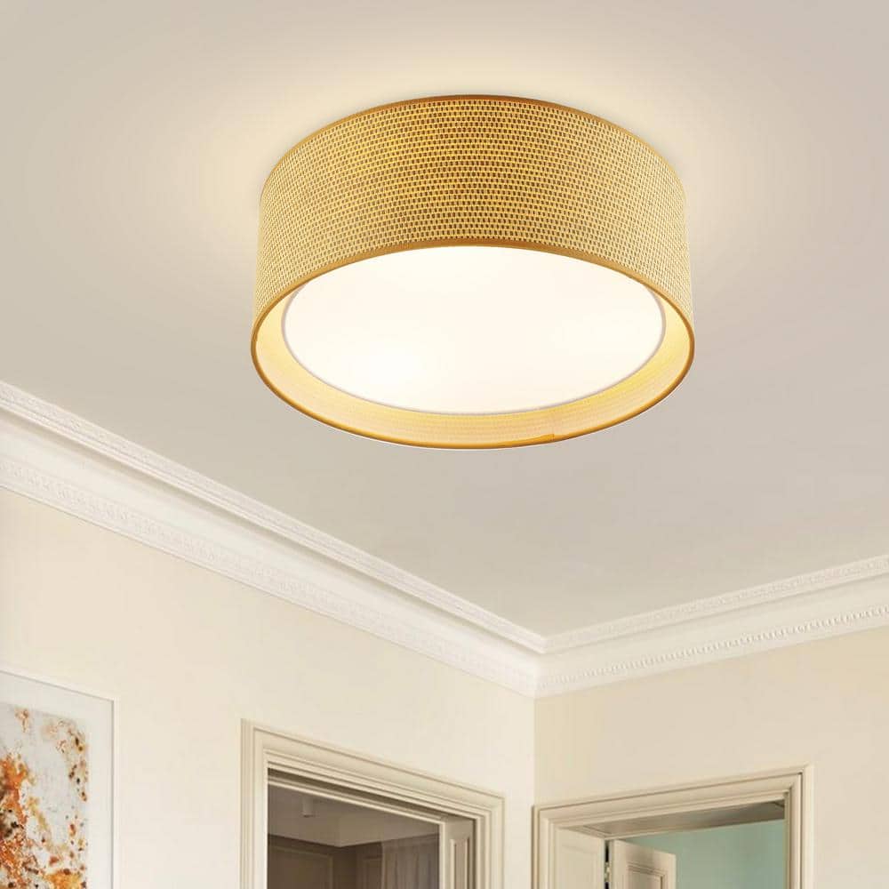 15.7 in. 3-Light Flaxen Shaded Drum Flush Mount, Flaxen Grass cloth Finish - Hercitys