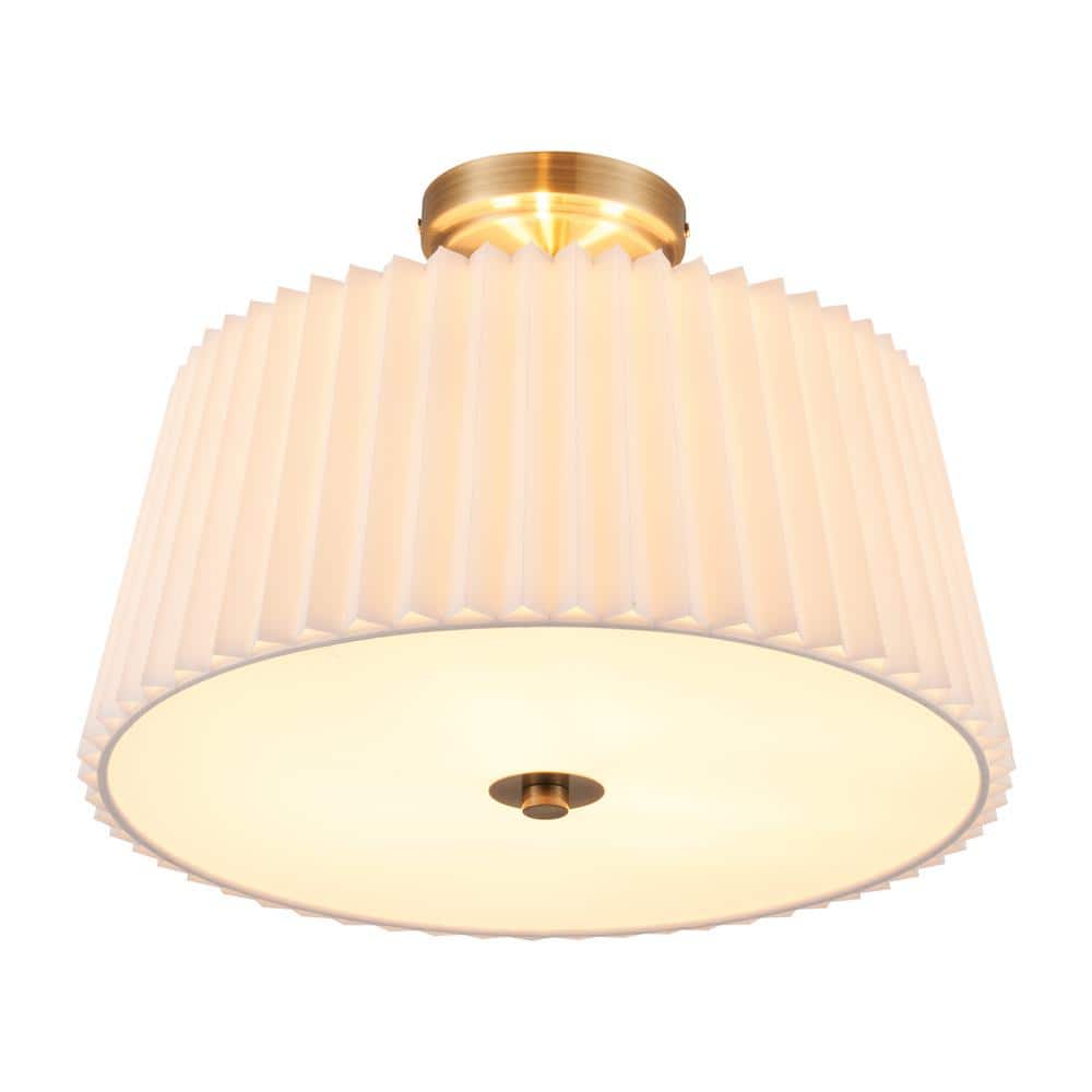 16 in. 3-Light Gold Modern Semi Flush Mount with Pleated Drum Lamp Shade - Hercitys