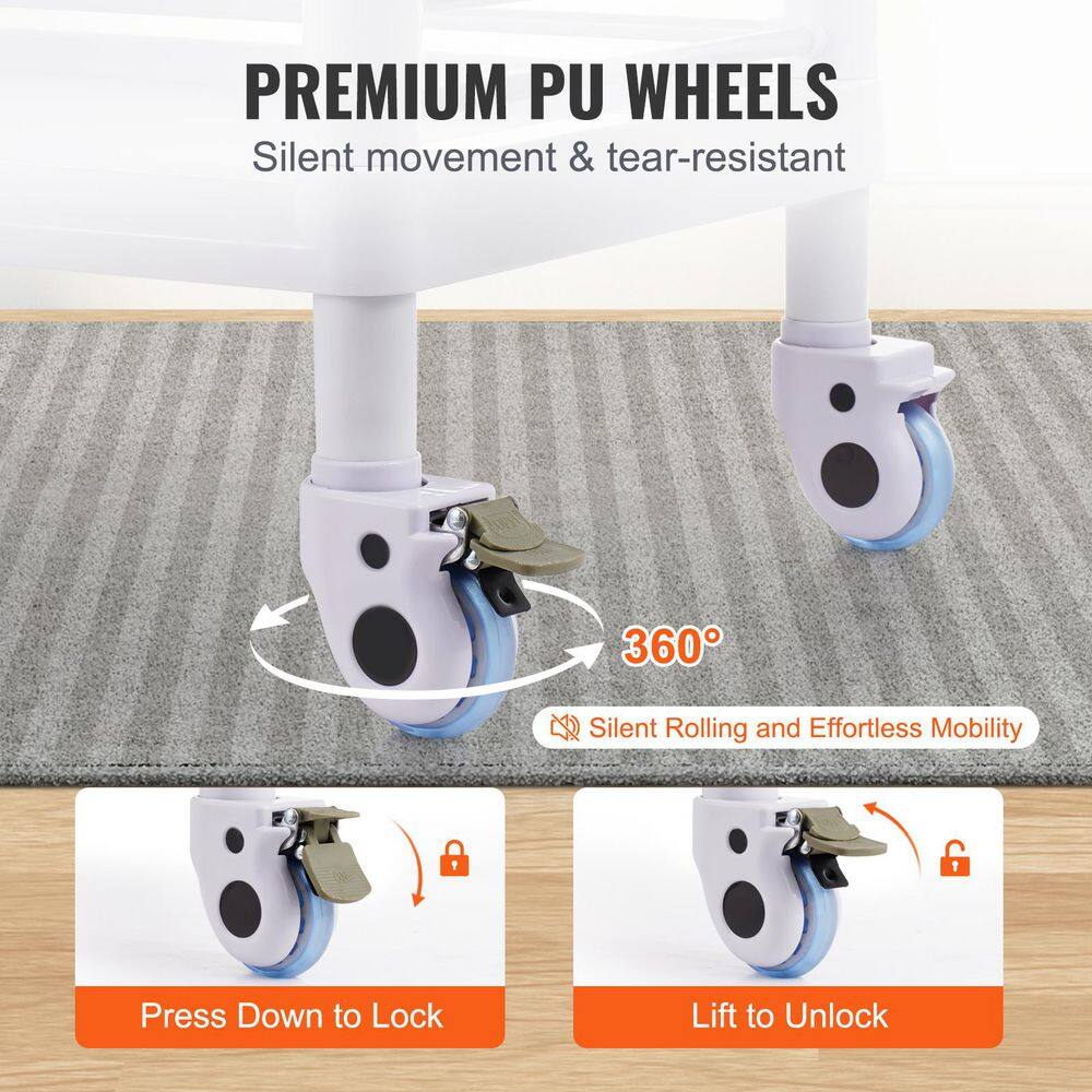 3 Tiers Lab Carts, White, Plastic, Kitchen Cart, with PP Material, Lab Utility Cart with 3 Trays & 4 Silent Wheels - Hercitys