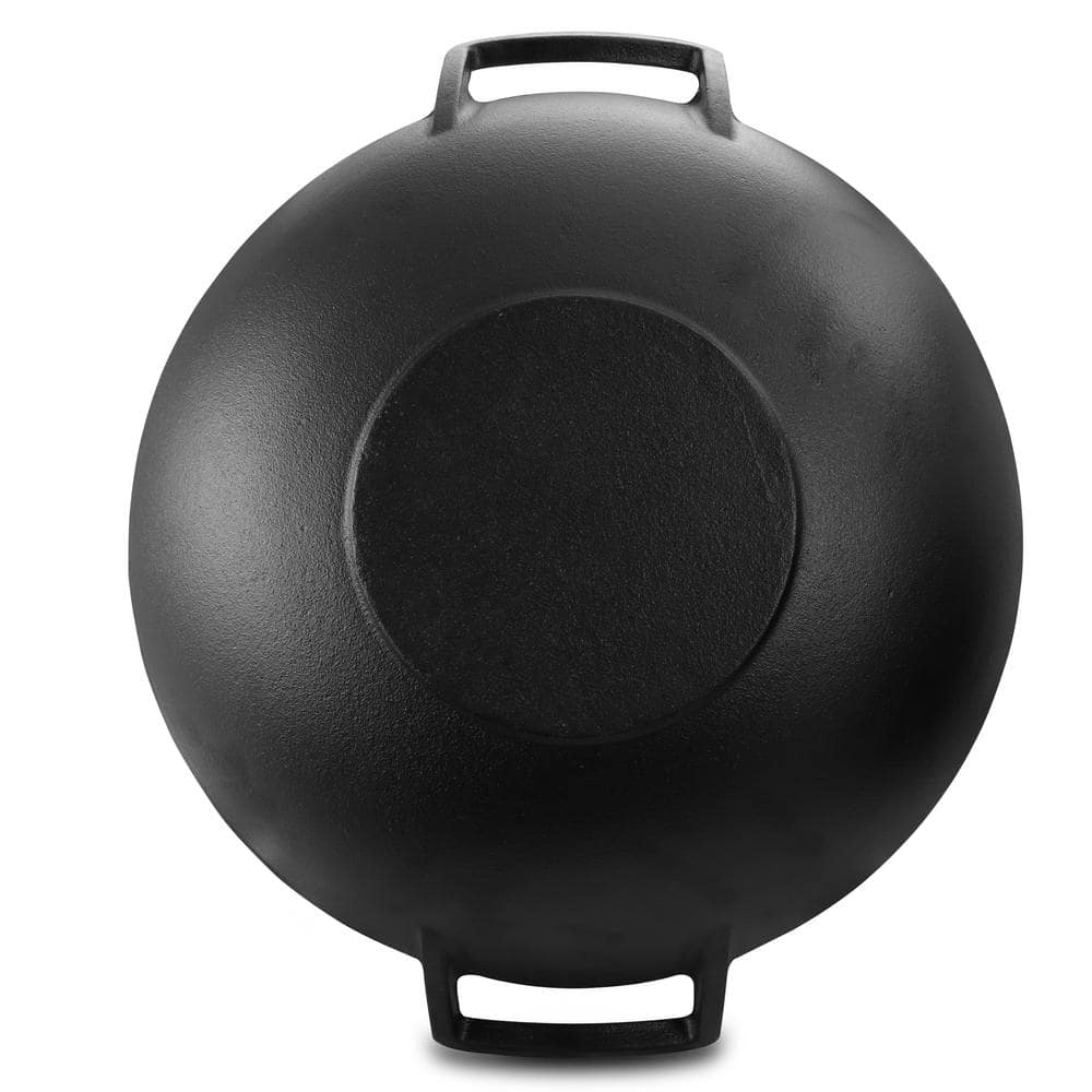 14 in. Heavy Duty Cast Iron Wok with Wood Lid - Hercitys
