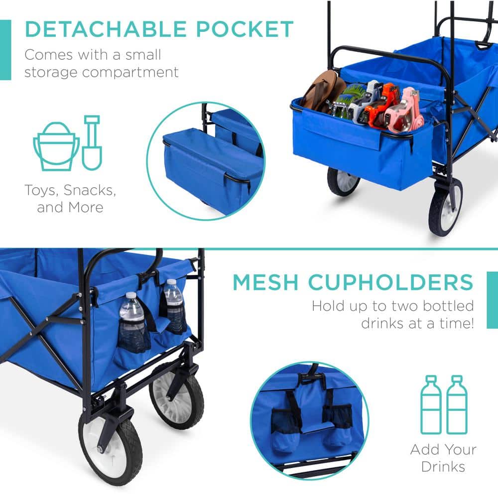 24 in. x 39 in. Utility Cargo Wagon Foldable Cart w/Removable Canopy, Cup Holders in Blue - Hercitys