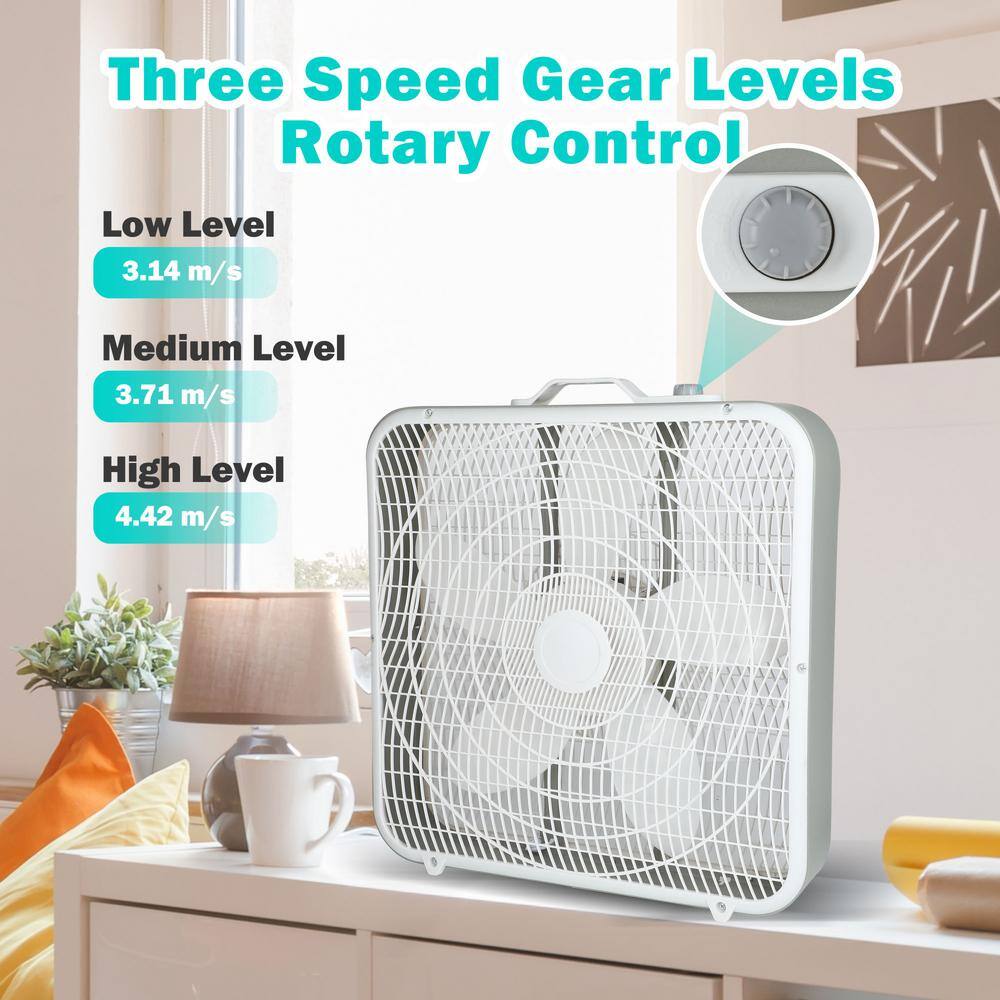 20.9 in. 3-Speed Cooling Table Fan Box Fan with Convenient Carry Handle and Safety Grills in White - Hercitys