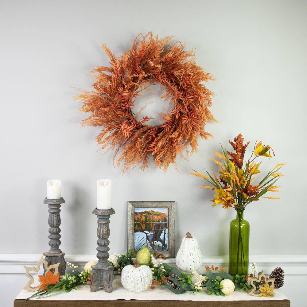 24 in. Unlit Peachy Pampas Grass Artificial Fall Harvest Wreath - Hercitys