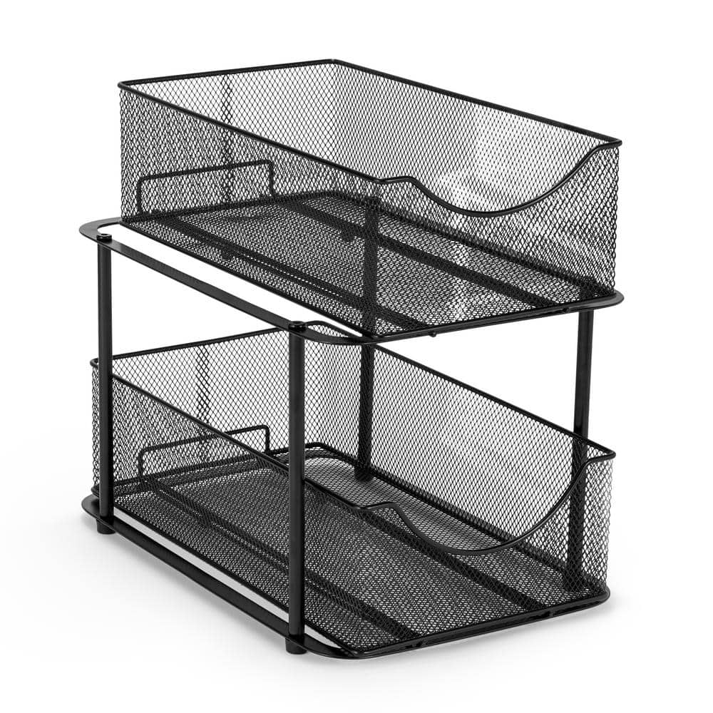 2 Tier Black Metal Mesh Sliding Drawers Organizer Baskets - Hercitys