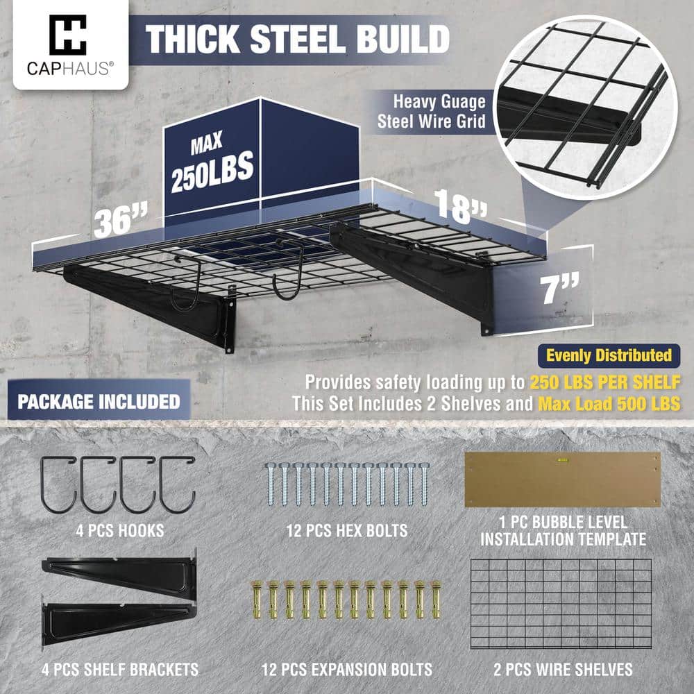 36 in. W x 18 in. D Black Metal Garage Wall Shelf, Wall Mounted Garage Shelves with 2 Bike Hooks, (Pack of 2) - Hercitys