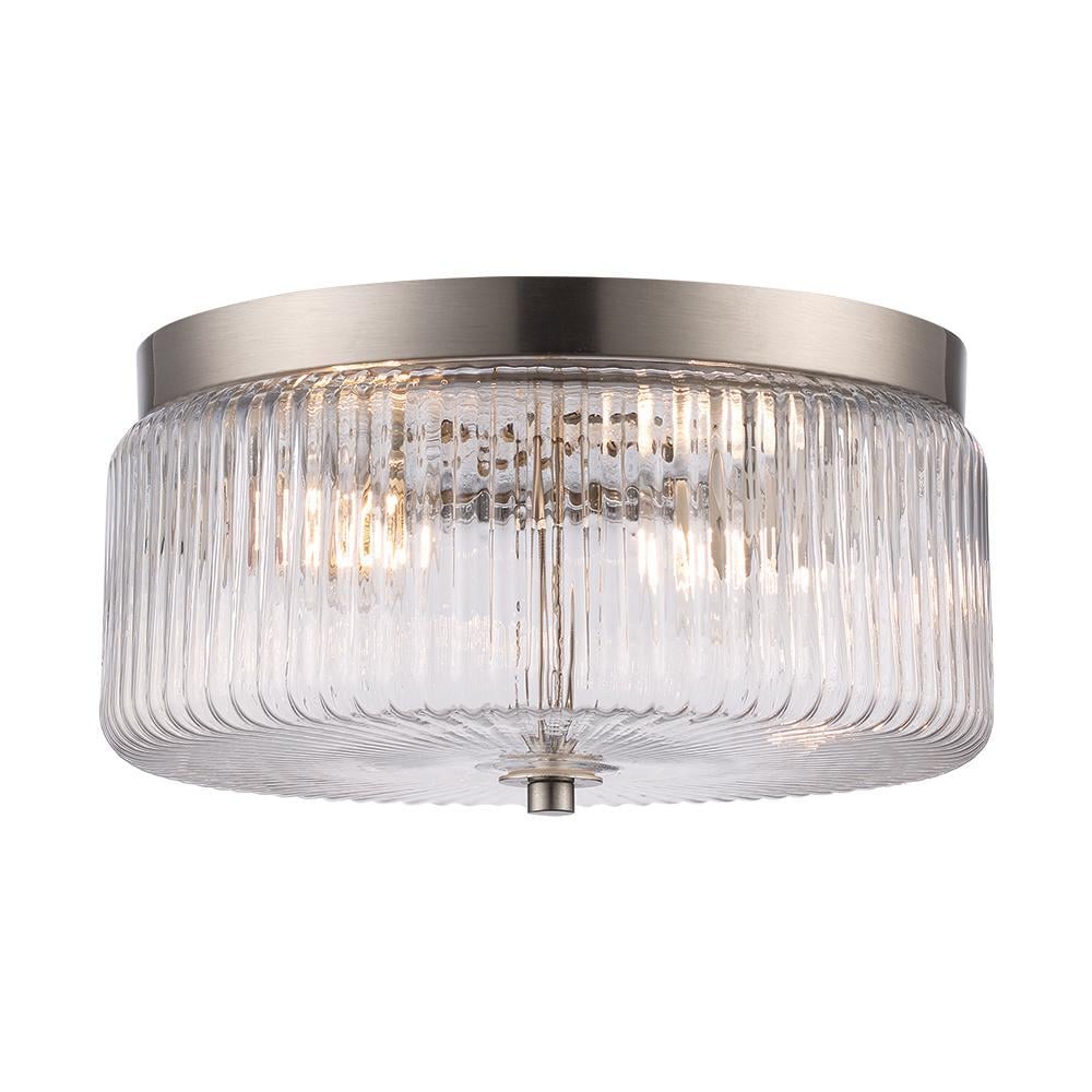 11.75 in. 2-Light Brushed Nickel Flush Mount Ceiling Light Fixture with Clear Ribbed Glass Shade - Hercitys