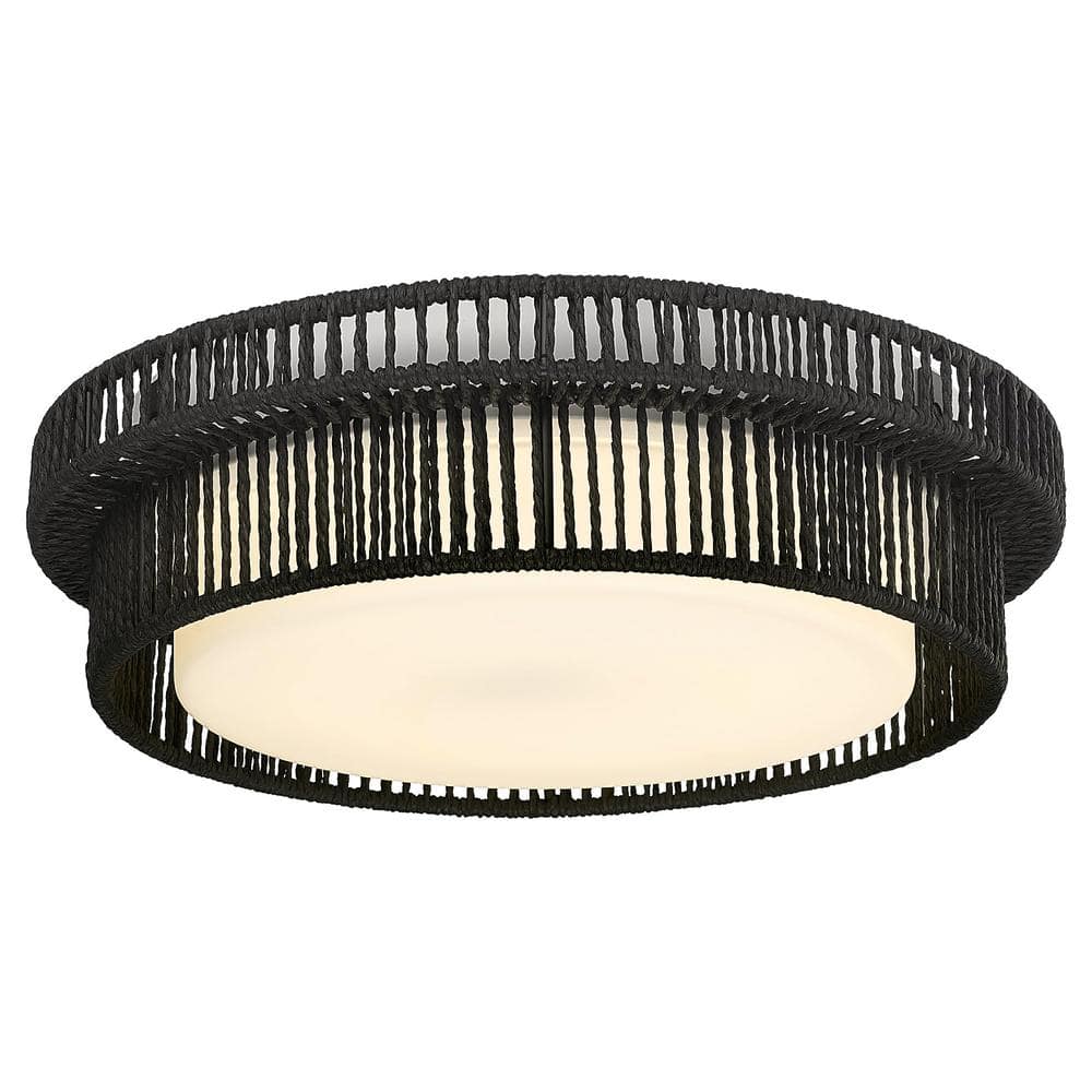 12.9 in. 16-Watt Boho Black Integrated LED Flush Mount with White Glass Shade for Bedroom Hallway - Hercitys
