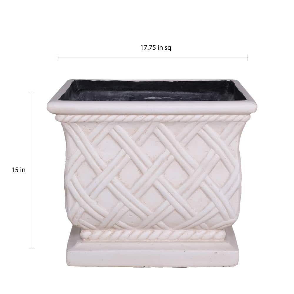 17.75 in. Light Aged White Cast Stone Square Lattice Planter - Hercitys