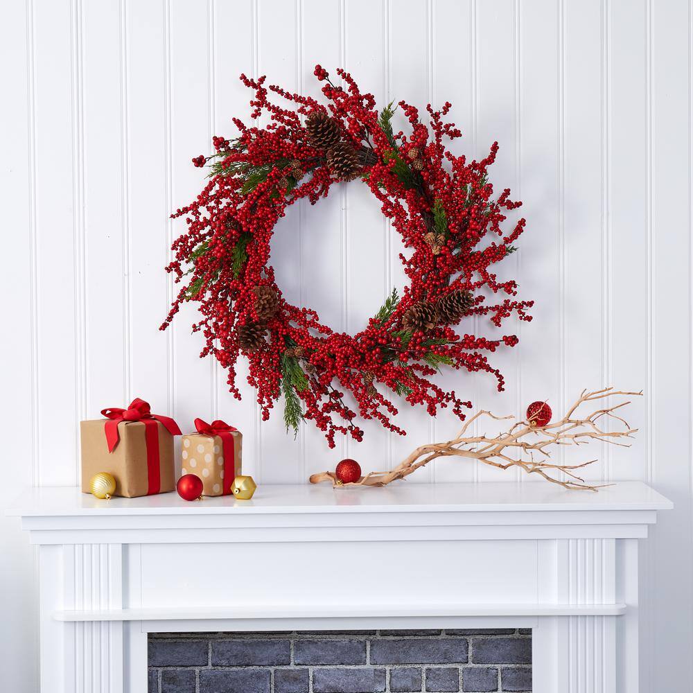 34 in. Cypress Artificial Wreath with Berries and Pine Cones - Hercitys