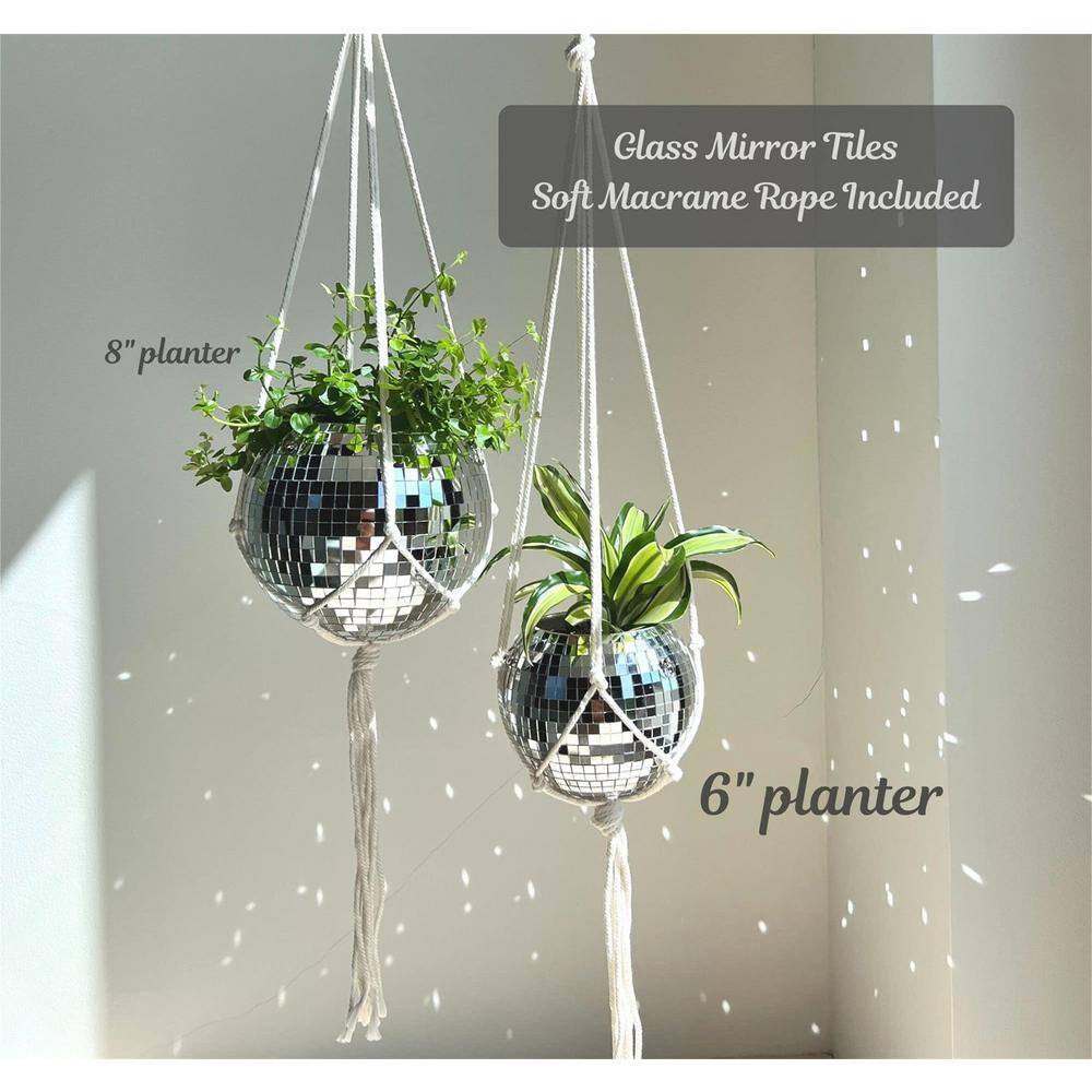 4 in. Dia Silver Plastic and Glass Hanging Basket with Chain and Macrame Rope (1-Pack) - Hercitys