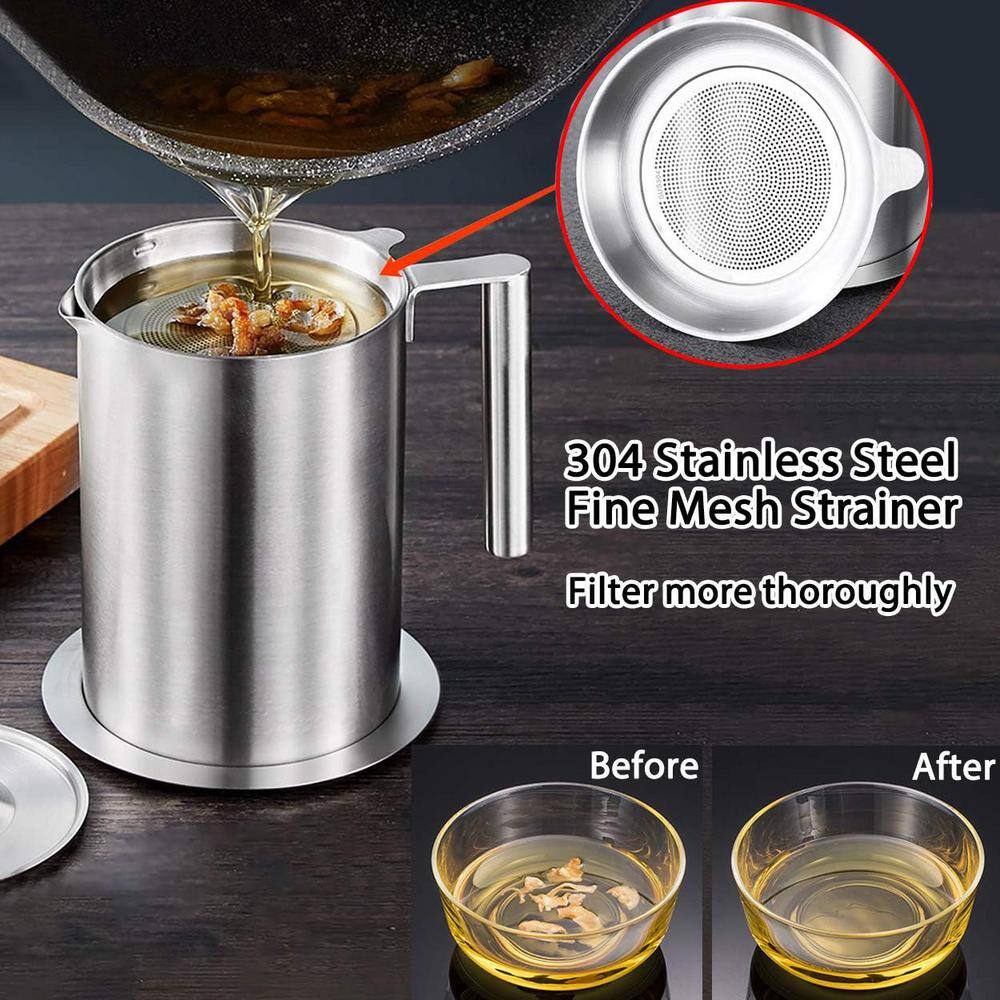 1.8 L/1.9 qt. Stainless Steel Grease Strainer  and  Container with Dust-Proof Lid  and  Easy Grip Handle in Silver - Hercitys