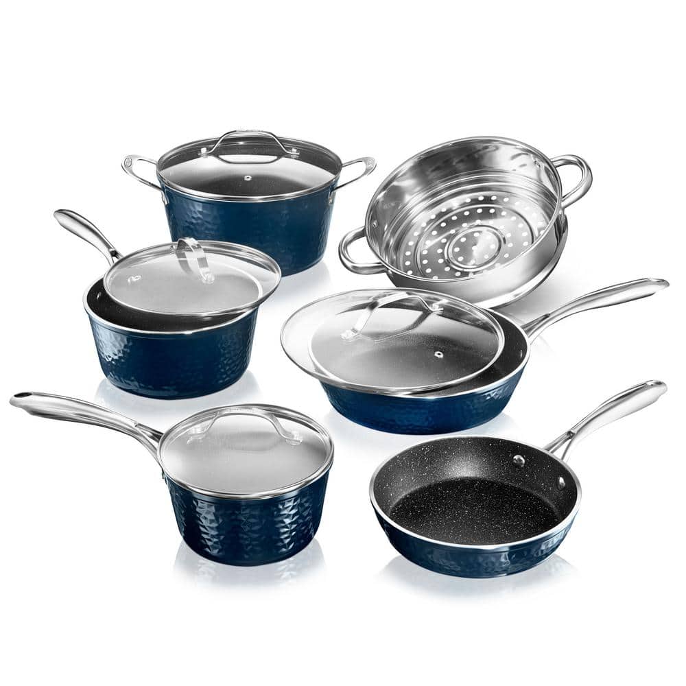 10-Piece Aluminum Hammered Ultra-Durable Non-Stick Diamond Infused Cookware Set in Blue - Hercitys