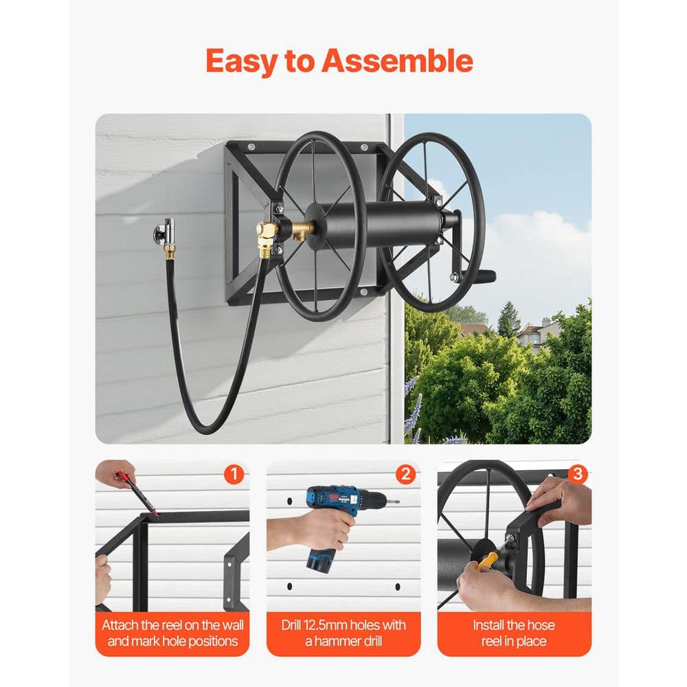 5/8 in. Dia x 200 ft. Duty Rating in Heavy-Duty Wall Mounted Garden Hose Reel (1-Pack) Steel Manual Winder - Hercitys