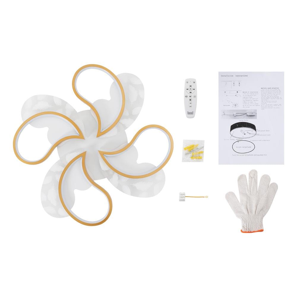 19.68 in. 1-Light Gold and White Modern Petal-Shaped Dimmable Selectable LED Semi-Flush Mount Ceiling Light with Remote - Hercitys