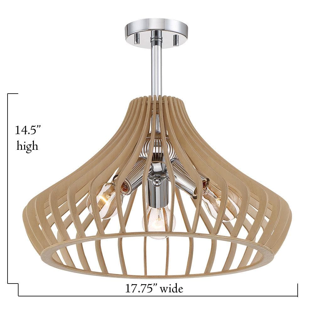 17.75 in. Sanaa 3-Light Kula Wood Ceiling Light Semi Flush Mount - Hercitys