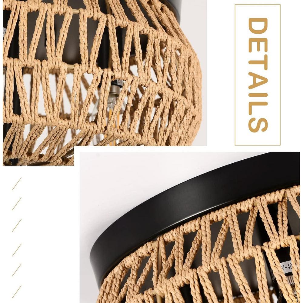 12.6 in. 3-Light Brown Woven Rattan Flush Mount Ceiling Light with Hand-Worked Cage Shade and No Bulbs Included - Hercitys