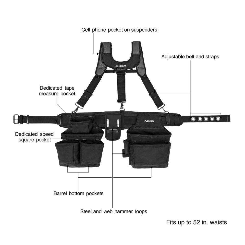 16-Pocket Black Carpenter’s Tool Belt with Suspenders - Hercitys