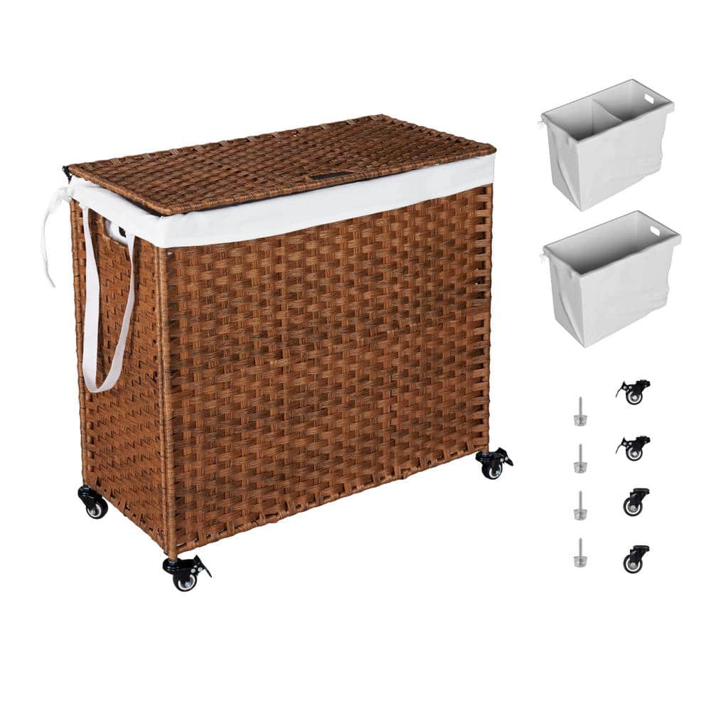 42.26 Gal. Brown Rattan Deck Box Laundry Hamper with Lid and 2 Removable Bags - Hercitys