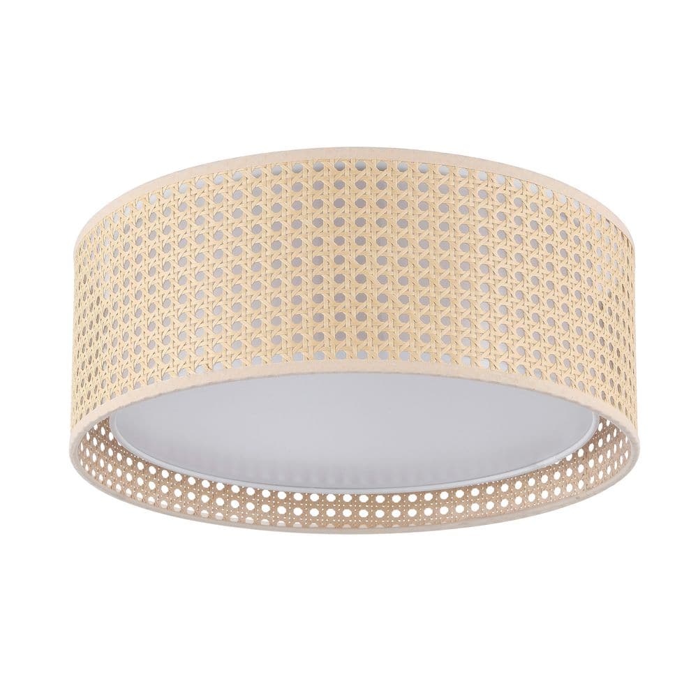 19.7 in. Modern 5-Light Khaki Flush Mount Ceiling Light Fixture with Rattan and Fabric Double Drum Shade - Hercitys
